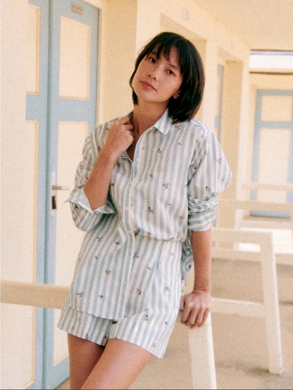 Sezane Maxy Shirt Embroidered Flowers on Light Blue Stripes Button-Down